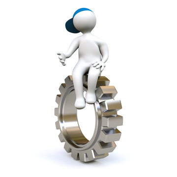 3D Man sitting on gear-wheel