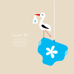 Stork With Baby Boy On Hanging Blue Diaper Beige