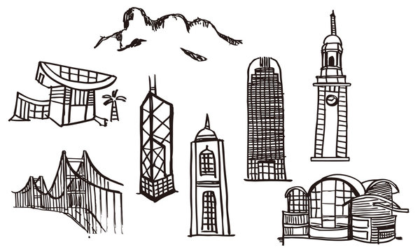 Hong Kong landmarks in hand sketch style