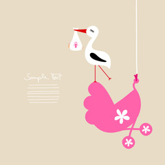 Stork With Baby Girl On Hanging Pink Buggy Beige