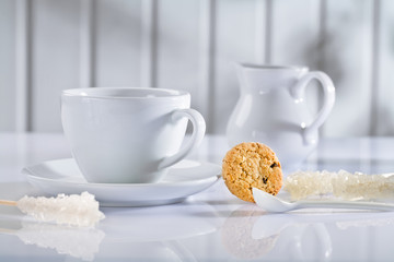 white composition of coffee items