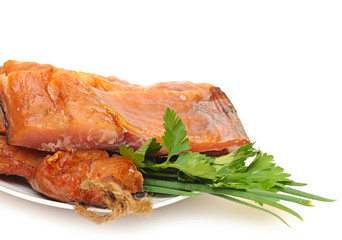 pile smoked fish on a white background