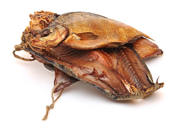 many smoked fish on a white background
