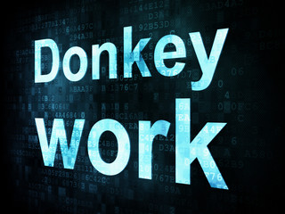 Job, work concept: pixelated words Donkey work on digital screen