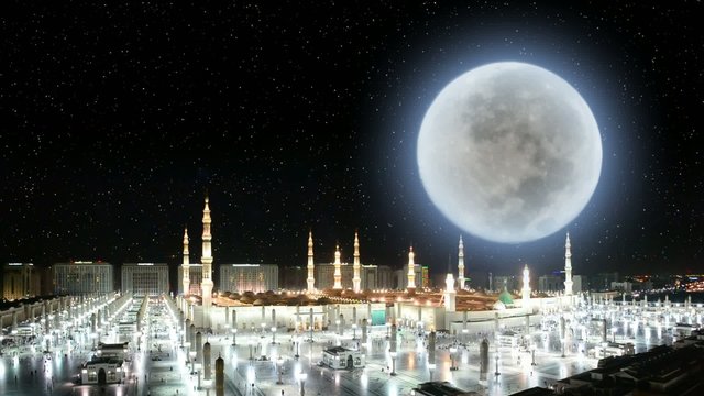 Nabawi Mosque in saudi arabia at night in panoramic view