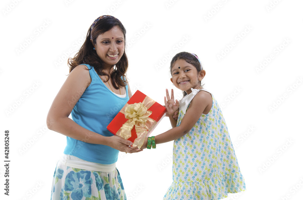 Sticker little asian girl giving gift for mother