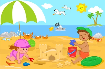 Poster Twee kinderen spelen op het strand met zand © carlafcastagno