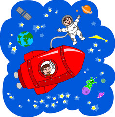 Spaceshuttle met astronauten en kat reist tussen de sterren