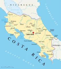 Foto op Aluminium Politieke kaart van Costa Rica met hoofdstad San José, nationale grenzen, belangrijkste steden, rivieren en meren. Illustratie met Engelse etikettering en schaalverdeling. Vector. © Peter Hermes Furian