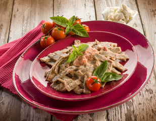 pizzoccheri with tomato and ricotta sauce
