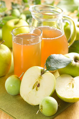 Apple juice and fresh fruits with leaves