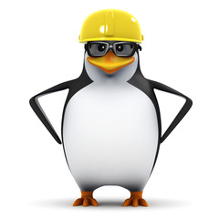 3d Penguin in glasses with safety helmet