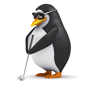 3d Penguin in glasses plays a game of golf