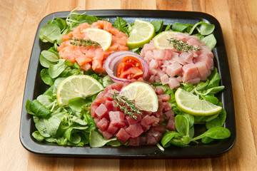 tartara di salmone, tonno e pesce spada