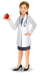 A young woman doctor in uniform holding an apple