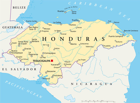 Honduras political map with capital Tegucigalpa, with national borders, most important cities, rivers and lakes. Illustration with English labeling and scaling. Vector.