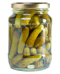 Glass jar with tinned cucumbers..