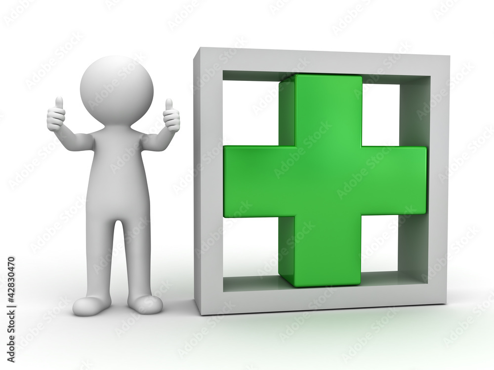 Poster 3d man showing thumbs up with green plus sign in box