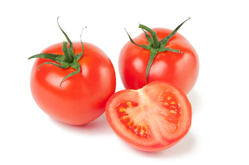 Horizontal shot of ripe tomatoes, isolated on white