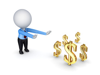 3d small person pulling hands to a telephone.