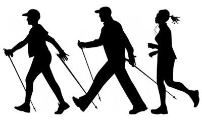 Woman and man are practicing Nordic walking. Jogging