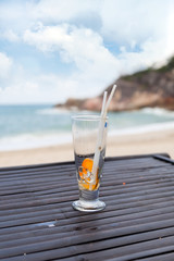 Empty glass with ice, straw and fruit slice