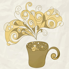 vector stylized cup of coffee on crumpled paper texture