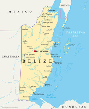 Belize political map with capital Belmopan, national borders, most important cities, rivers and lakes. Illustration with English labeling and scale. Vector.