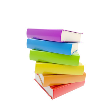 Pile of rainbow colored glossy books isolated