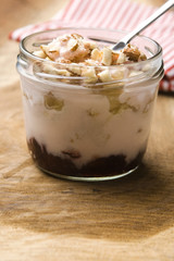 Sweet dessert in glass jar - strawberry cake