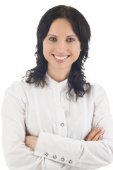 portrait of lovely brunette woman with hands folded in front