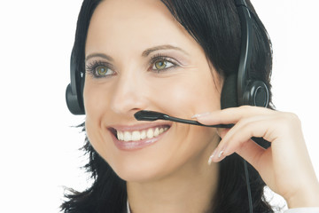 closeup portrait of brunette call-center customer's support oper