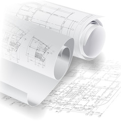 Architectural background with rolls of drawings