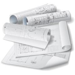 Architectural background with rolls of drawings