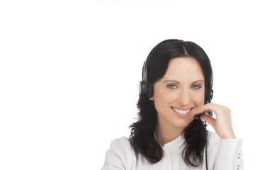 portrait of young smiling brunette call-center customer's suppor