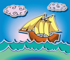 Stylized sailing ship in oceanic waves, vector