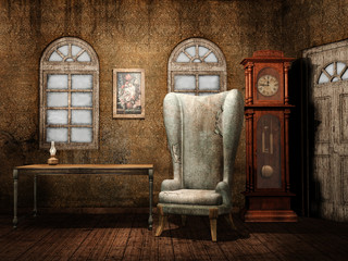 Pokój retro z fotelem i starym zegarem © Obsidian Fantasy