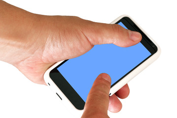 Mobile phone with blank screen in a man's hand.