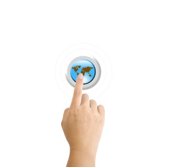 Fototapeta premium Hand pressing a Globe button with index finger extended,