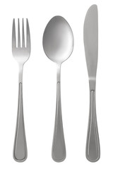 spoon, knife and fork on white background
