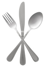 fork spoon and knife crossed on white background