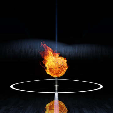 Basketball in Flammen auf Spielfeld 3D