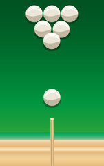 billiard cue and balls on the green table