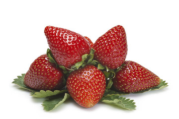 Fresas con sus hojas aisladas sobre un fondo blanco.