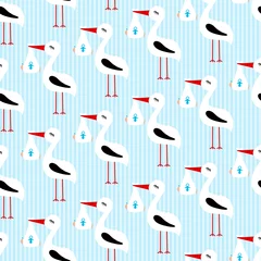 Seamless Pattern Stork With Baby Boy Blue Diagonal Stripes © Jan Engel