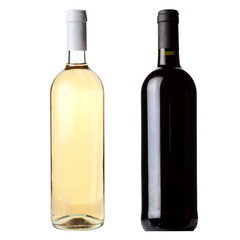 Red and white wine bottles on white background