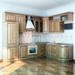 wood kitchen in new white room with parquet floor