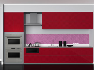 Burgundy color system kitchen(front view)