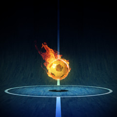 Fussball in Flammen auf Hallen Spielfeld 3D