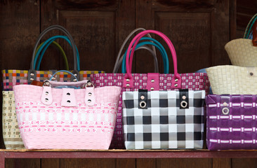 Closeup of colorful plastic woven shopping bags